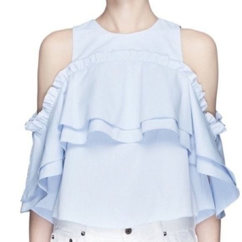 N/Nicholas Cold Shoulder Ruffle Top‎ Light Blue White Stripes 0
